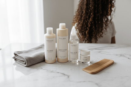 Wash and Go Routine for Beginners products including shampoo, conditioner, curl cream, and tools on a marble surface.
