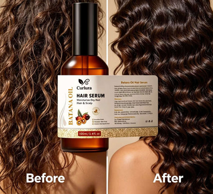 Curlura hair growth serum illustrating before and after effects on curly hair, demonstrating improved moisture and strength.