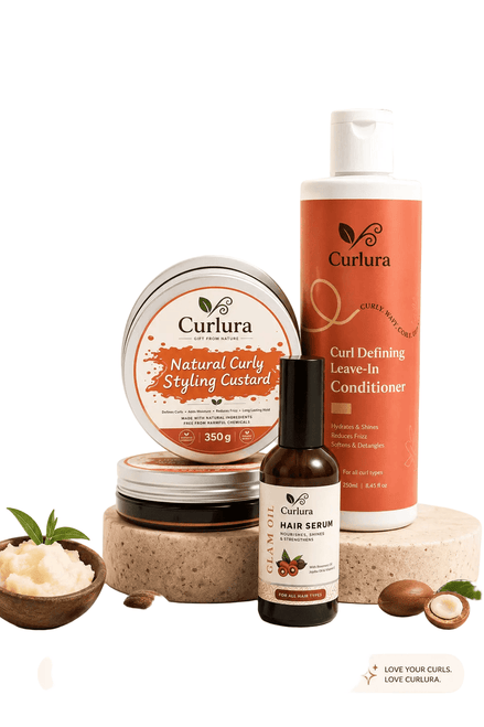 Curlura Curl Definition Strengthening Bundle featuring styling custard, leave-in conditioner, and hair serum.