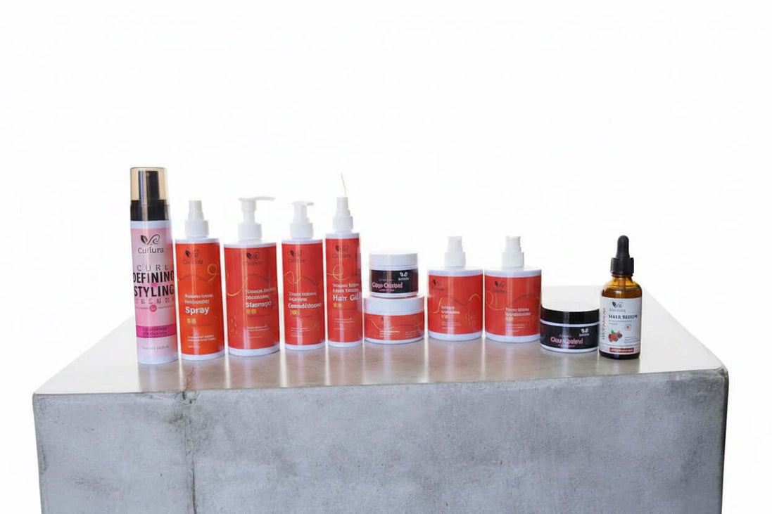 Curlura Complete Curl Care Collection products for curl care routine for curly hair on a concrete surface.