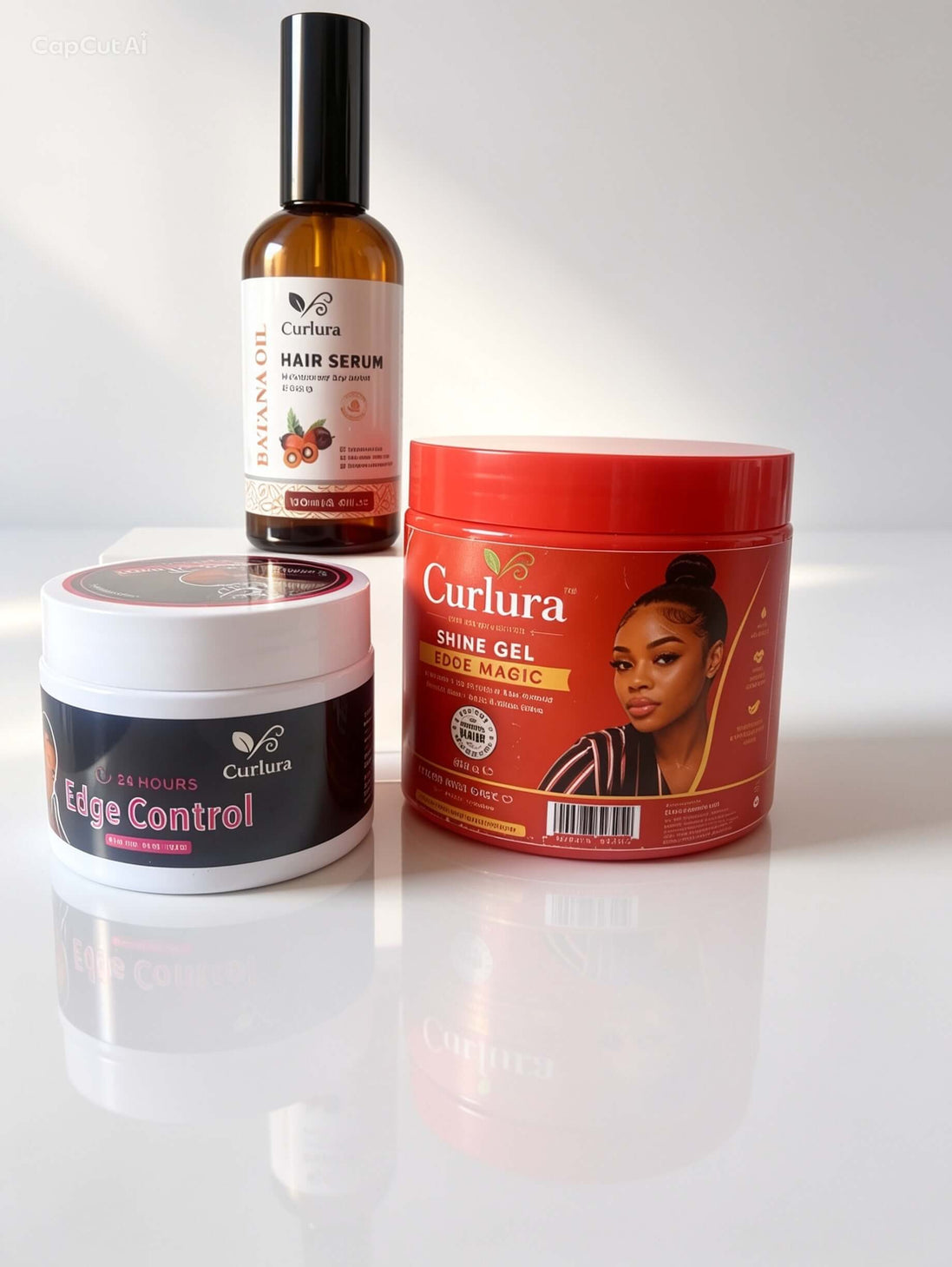 Curlura Sleek Hold Bundle products including edge control and shine gel for defined styles, a curl styling kit with edge control.