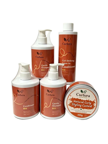 Curlura Starter Wash Day Bundle for curly hair wash day bundle including shampoo, conditioner, leave-in conditioner, and curly custard.