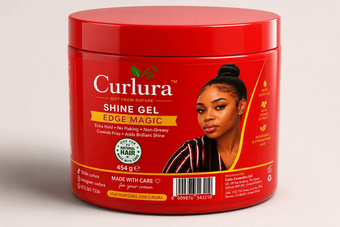 Curlura Shine Gel in red container, maximum hold shine gel for edges and curls for sleek hairstyles.