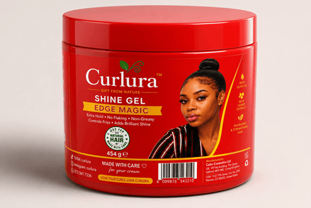 Curlura Shine Gel in red container, maximum hold shine gel for edges and curls for sleek hairstyles.